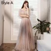 Modest / Simple Blushing Pink Sequins Bridesmaid Dresses A-Line / Princess 2021 V-Neck Short Sleeve Backless Floor-Length / Long Wedding Party Dresses