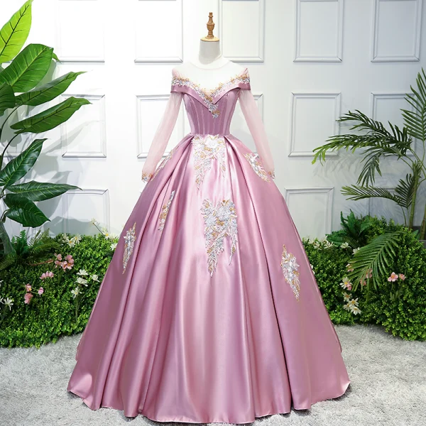 Elegant Candy Pink Prom Dresses 2019 Ball Gown Scoop Neck Lace Flower Long Sleeve Floor-Length / Long Formal Dresses