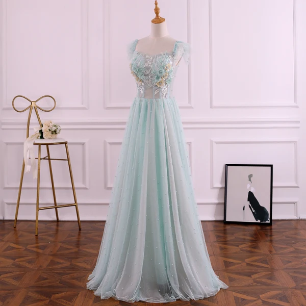 Chic / Beautiful Sage Green Evening Dresses 2019 A-Line / Princess Square Neckline Pearl Sequins Lace Flower Sleeveless Backless Floor-Length / Long Formal Dresses