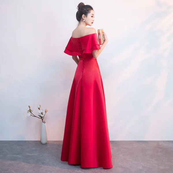 Classy Red Evening Dresses 2019 A-Line / Princess Off-The-Shoulder Bow Short Sleeve Backless Floor-Length / Long Formal Dresses
