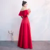 Classy Red Evening Dresses  2019 A-Line / Princess Off-The-Shoulder Bow Short Sleeve Backless Floor-Length / Long Formal Dresses