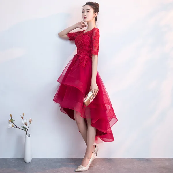 Charming Burgundy Party Dresses 2019 A-Line / Princess Scoop Neck 1/2 Sleeves Lace Flower Asymmetrical Formal Dresses