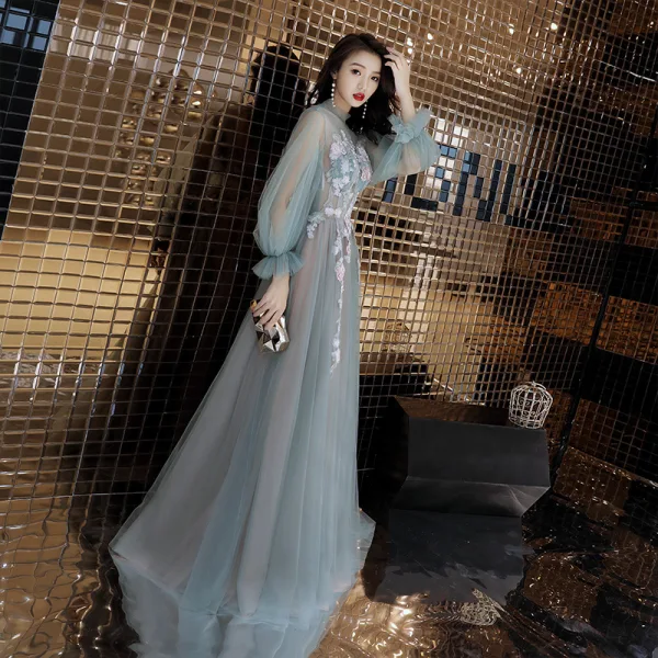 Élégant Vert Cendré Robe De Soirée 2019 Princesse Encolure Dégagée Perlage Perle Faux Diamant En Dentelle Fleur Manches Longues Dos Nu Longue Robe De Ceremonie