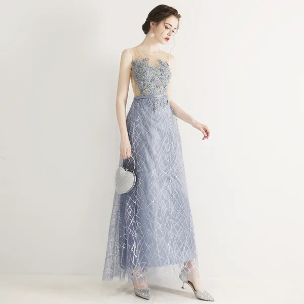 Chic / Belle Bleu Ciel Robe De Soirée 2019 Princesse Encolure Dégagée Perlage En Dentelle Fleur Appliques Faux Diamant Sans Manches Longue Robe De Ceremonie