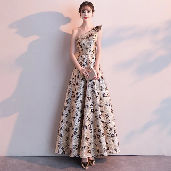 Classy Gold Evening Dresses  2019 A-Line / Princess One-Shoulder Lace Flower Sleeveless Backless Floor-Length / Long Formal Dresses