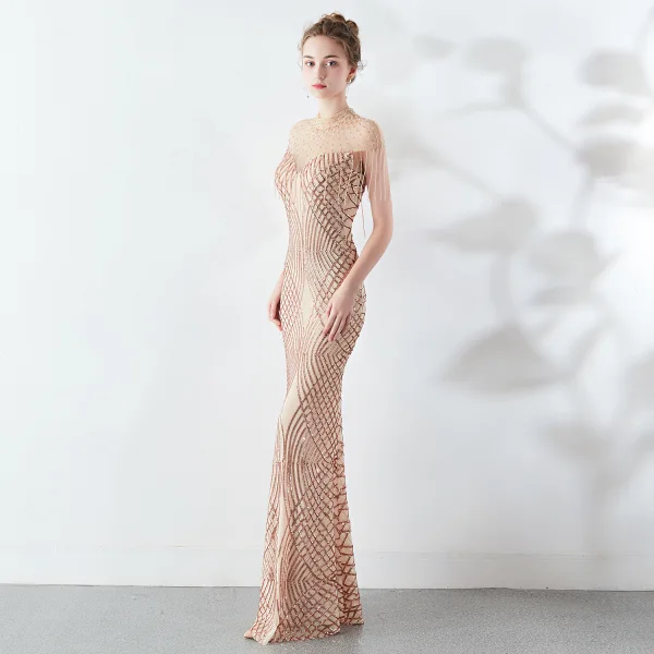 Classy Burgundy Evening Dresses 2019 Trumpet / Mermaid Scoop Neck Beading Tassel Sequins Short Sleeve Floor-Length / Long Formal Dresses