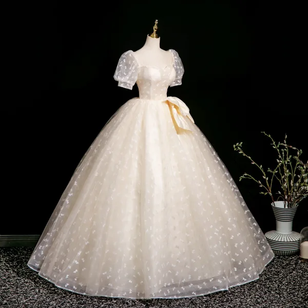 Elegant Champagne Printing Prom Dresses 2025 Ball Gown Square Neckline Bow Puffy Short Sleeve Backless Floor-Length / Long Prom Formal Dresses
