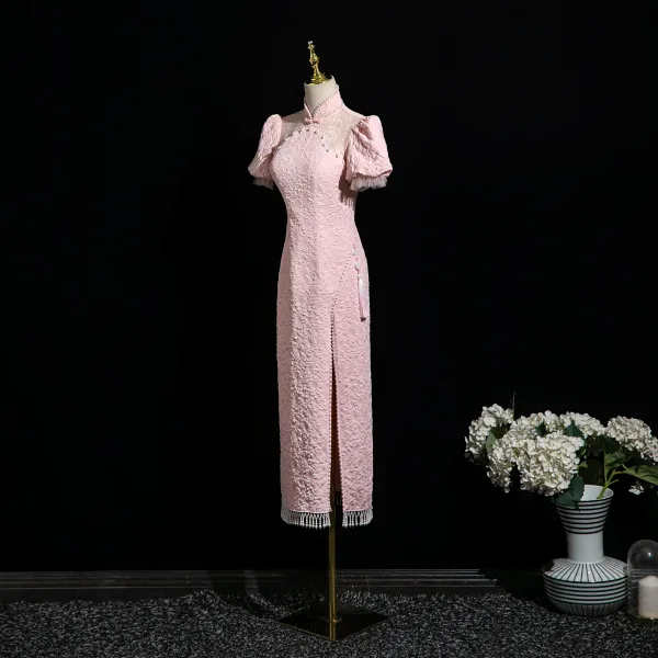 Chinese style Blushing Pink Beading Printing Evening Party Cheongsam 2025 A-Line / Princess High Neck Short Sleeve Tea-length