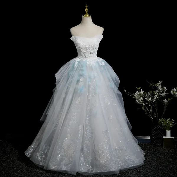 Chic / Beautiful Sky Blue Glitter Lace Flower Appliques Prom Dresses 2025 Ball Gown Strapless Sleeveless Backless Floor-Length / Long Formal Dresses