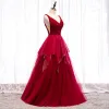 Chic / Beautiful Burgundy Prom Dresses 2019 A-Line / Princess V-Neck Beading Crystal Sleeveless Backless Floor-Length / Long Formal Dresses