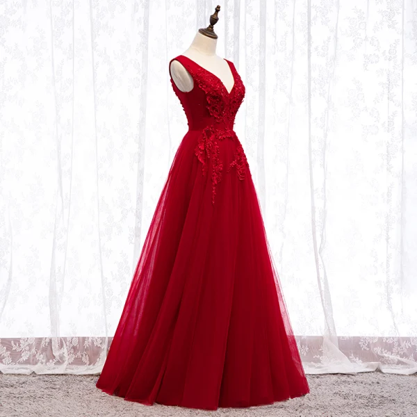 Chic / Belle Bordeaux Robe De Soirée 2019 Princesse V-Cou Perlage Cristal En Dentelle Fleur Sans Manches Dos Nu Longue Robe De Ceremonie