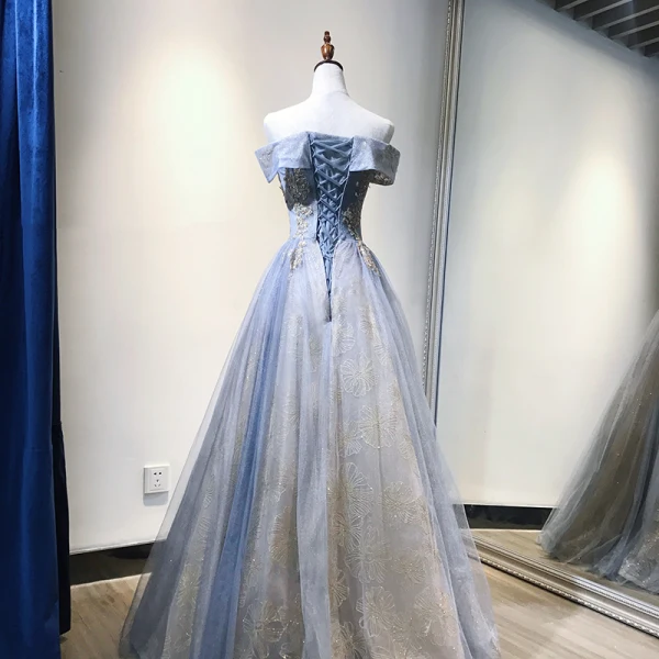 Charmant Bleu Ciel Robe De Soirée 2019 Princesse De l'épaule Perlage En Dentelle Paillettes Sans Manches Dos Nu Longue Robe De Ceremonie