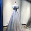 Charmant Bleu Ciel Robe De Soirée 2019 Princesse De l'épaule Perlage En Dentelle Paillettes Sans Manches Dos Nu Longue Robe De Ceremonie