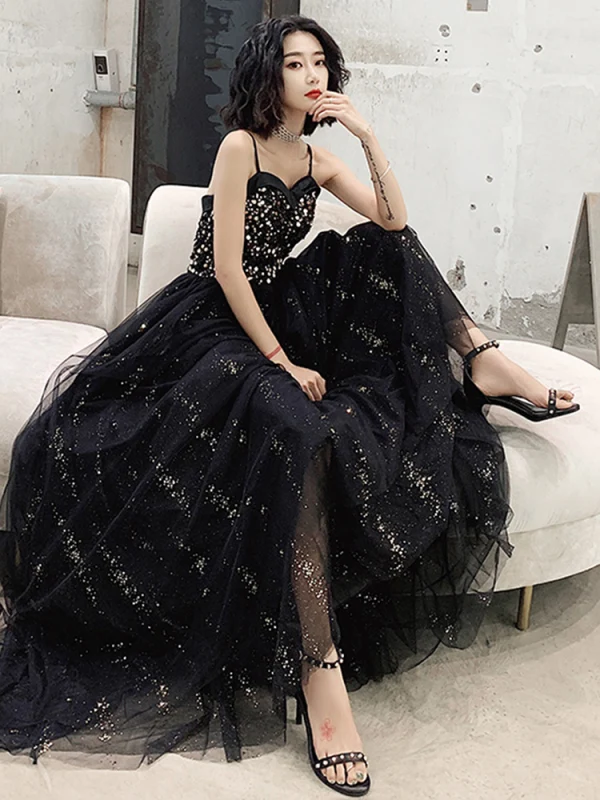 Modern / Fashion Black Gold Evening Dresses  2019 A-Line / Princess Spaghetti Straps Sequins Sleeveless Backless Floor-Length / Long Formal Dresses