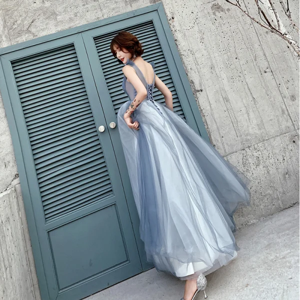 Élégant Bleu Robe De Soirée 2019 Princesse V-Cou Perlage Cristal Sans Manches Dos Nu Longue Robe De Ceremonie