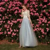 Chic / Beautiful Sky Blue Prom Dresses 2018 A-Line / Princess Appliques Scoop Neck 1/2 Sleeves Floor-Length / Long Formal Dresses