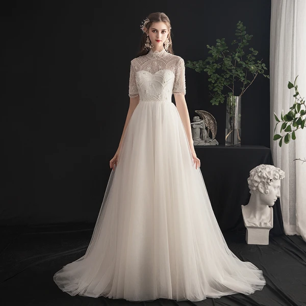 Chic / Belle Champagne Robe De Mariée 2019 Princesse Col Haut Perlage Paillettes Perle En Dentelle Fleur Manches Courtes Dos Nu Train De Balayage
