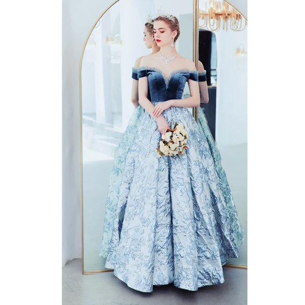 Elegant Ocean Blue Evening Dresses 2019 A-Line / Princess Suede Off-The-Shoulder Lace Flower Sleeveless Backless Floor-Length / Long Formal Dresses
