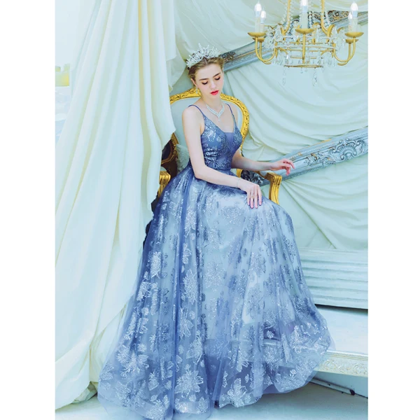 Chic / Beautiful Ocean Blue Evening Dresses 2019 A-Line / Princess Spaghetti Straps Beading Crystal Lace Flower Sleeveless Backless Floor-Length / Long Formal Dresses