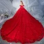 Stunning Red Wedding Dresses 2019 A-Line / Princess Off-The-Shoulder Beading Pearl Sequins Lace Flower Short Sleeve Backless Royal Train