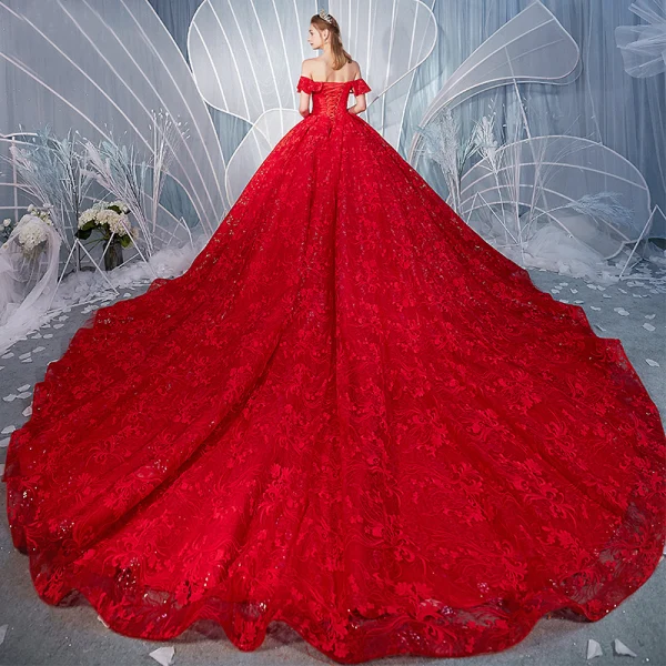 Stunning Red Wedding Dresses 2019 A-Line / Princess Off-The-Shoulder Beading Pearl Sequins Lace Flower Short Sleeve Backless Royal Train