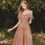 Fashion Glitter Orange Prom Dresses 2021 A-Line / Princess Off-The-Shoulder Short Sleeve Backless Floor-Length / Long Formal Dresses