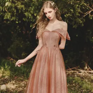 Mode Glanz Orange Ballkleider 2021 A Linie Off Shoulder Kurze Ärmel Rückenfreies Lange Festliche Kleider