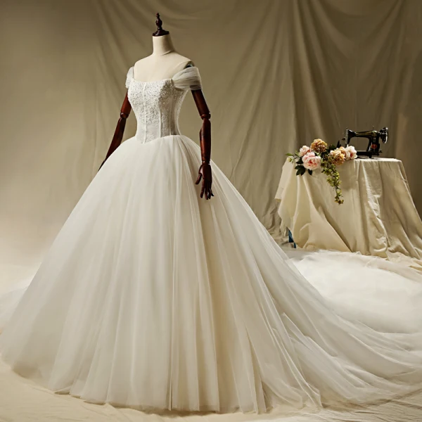 Luxury / Gorgeous Ivory Wedding Dresses 2019 A-Line / Princess Off-The-Shoulder Beading Pearl Lace Flower Short Sleeve Backless Cathedral Train