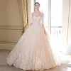 Elegant Champagne Wedding Dresses 2018 Ball Gown Lace Appliques Spaghetti Straps Backless Cathedral Train Short Sleeve Wedding