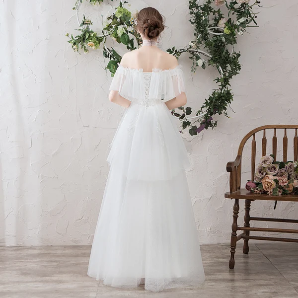 Light White Beach Wedding Dresses 2019 A-Line / Princess Off-The-Shoulder Pearl Lace Flower Appliques Short Sleeve Backless Floor-Length / Long