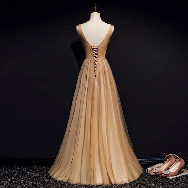 Chic / Beautiful Khaki Evening Dresses  2019 A-Line / Princess V-Neck Beading Sequins Lace Flower Sleeveless Backless Floor-Length / Long Formal Dresses