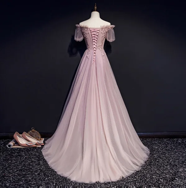 Style Victorien Rougissant Rose Robe De Soirée 2019 Princesse Volants De l'épaule Perlage En Dentelle Fleur Manches Courtes Dos Nu Longue Robe De Ceremonie