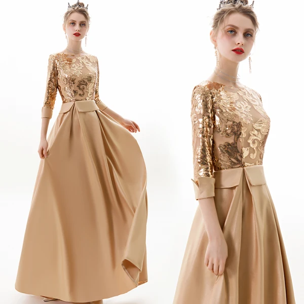 Modern / Fashion Silver Evening Dresses  2019 A-Line / Princess Scoop Neck Sequins 3/4 Sleeve Backless Floor-Length / Long Formal Dresses