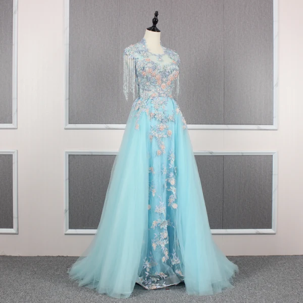 High End Blau Handgefertigt Perlenstickerei Abendkleider 2019 A Linie Eckiger Ausschnitt Kristall Quaste Perle Strass Pailletten Spitze Blumen Applikationen Ärmellos Sweep / Pinsel Zug Festliche Kleider