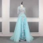 High End Blau Handgefertigt Perlenstickerei Abendkleider 2019 A Linie Eckiger Ausschnitt Kristall Quaste Perle Strass Pailletten Spitze Blumen Applikationen Ärmellos Sweep / Pinsel Zug Festliche Kleider