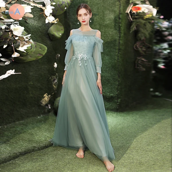 Modest / Simple Mint Green Bridesmaid Dresses 2021 A-Line / Princess Scoop Neck Lace Flower 1/2 Sleeves Backless Floor-Length / Long Tulle Wedding Party Dresses