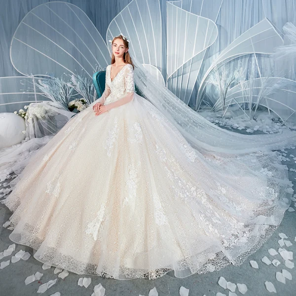 Charming Champagne Wedding Dresses 2019 A-Line / Princess V-Neck Beading Rhinestone Lace Flower Long Sleeve Backless Royal Train
