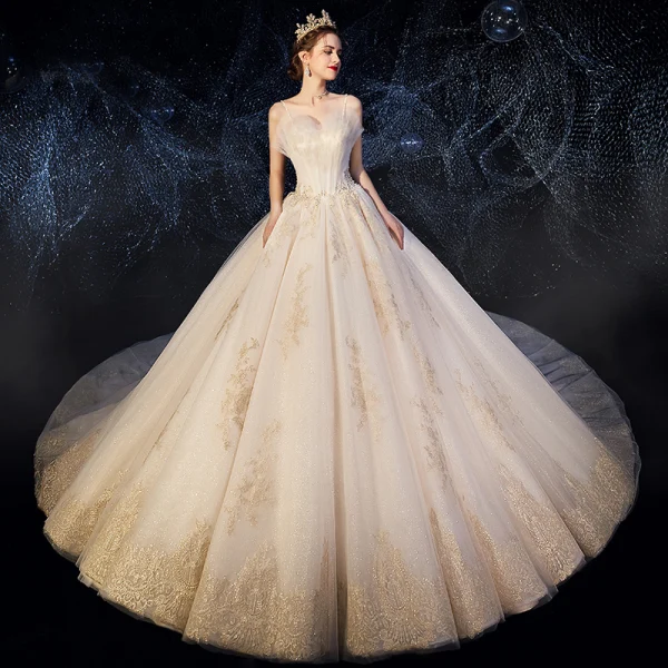 High-end Champagne Wedding Dresses 2019 A-Line / Princess Spaghetti Straps Ruffle Beading Sequins Lace Flower Sleeveless Backless Chapel Train