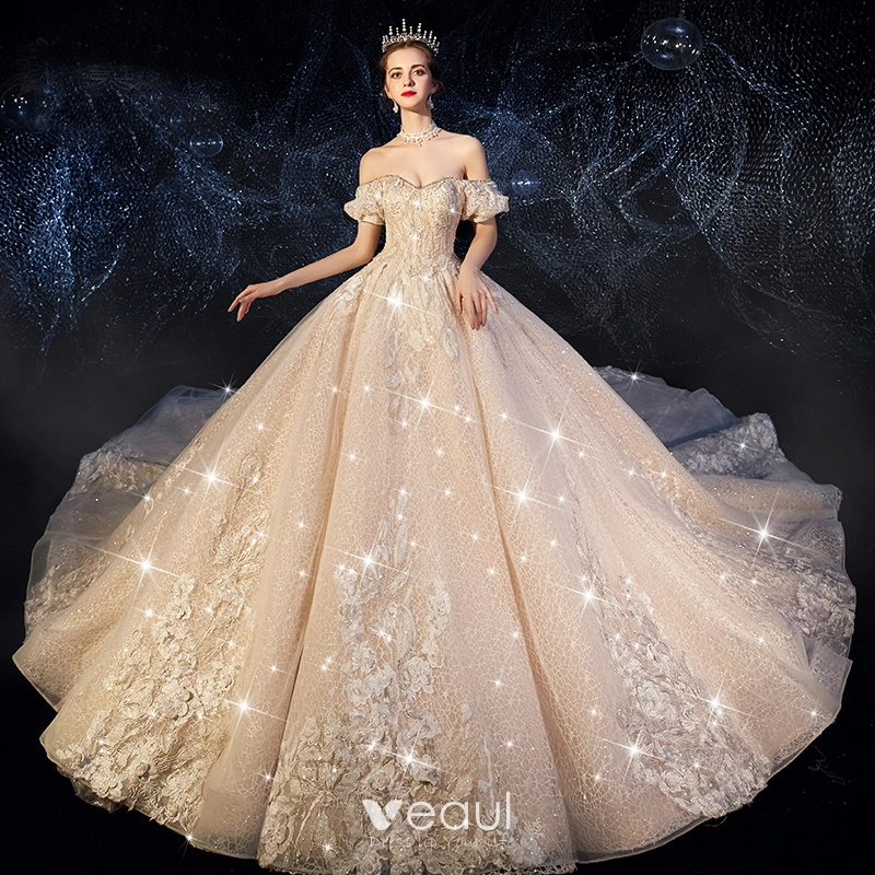 Luxury Gorgeous Victorian Style Champagne Wedding Dresses 2019 A Line Princess Off The Shoulder Rhinestone Sequins Lace Flower Short Sleeve Backless Royal Train