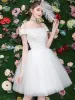 Sexy Ivory Party Dresses Crossed Straps 2019 A-Line / Princess Off-The-Shoulder Sequins Lace Flower Short Sleeve Backless Short Formal Dresses