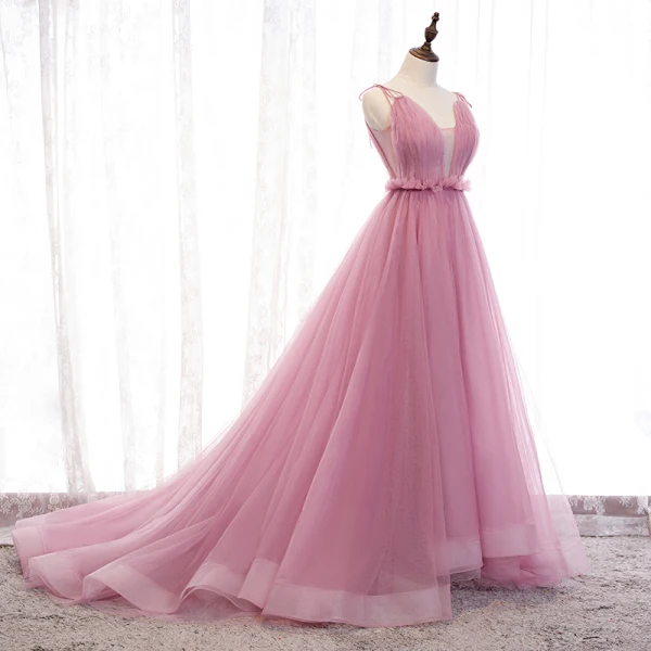Schöne Pink Abendkleider A Linie 2019 Rüschen Spaghettiträger Schleife Ärmellos Rückenfreies Hof-Schleppe Festliche Kleider
