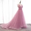Schöne Pink Abendkleider A Linie 2019 Rüschen Spaghettiträger Schleife Ärmellos Rückenfreies Hof-Schleppe Festliche Kleider