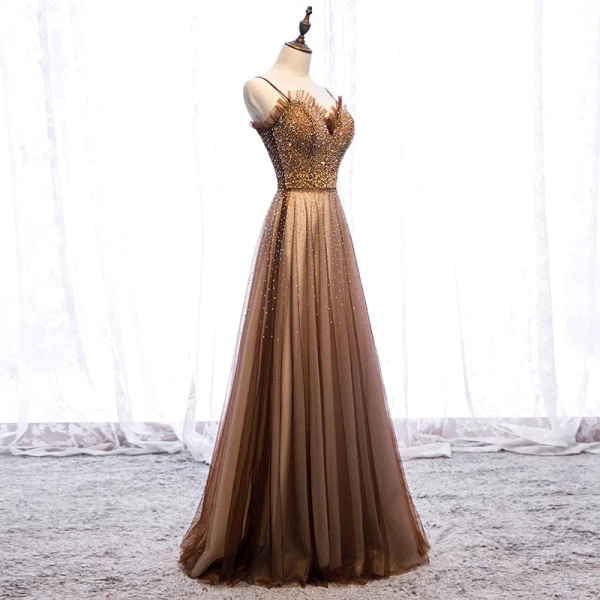 Charming Black Gold Evening Dresses 2019 A-Line / Princess Spaghetti Straps Beading Pearl Rhinestone Sequins Sleeveless Backless Floor-Length / Long