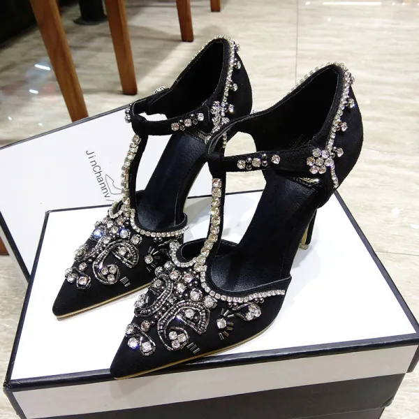 Chic / Beautiful Yellow Evening Party Womens Shoes 2019 Crystal Rhinestone Suede T-Strap 10 cm Stiletto Heels Pointed Toe High Heels