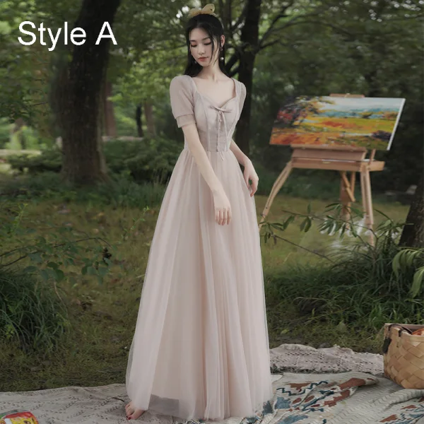 Modest / Simple Blushing Pink Bridesmaid Dresses 2021 A-Line / Princess Scoop Neck Short Sleeve Backless Floor-Length / Long Wedding Party Dresses