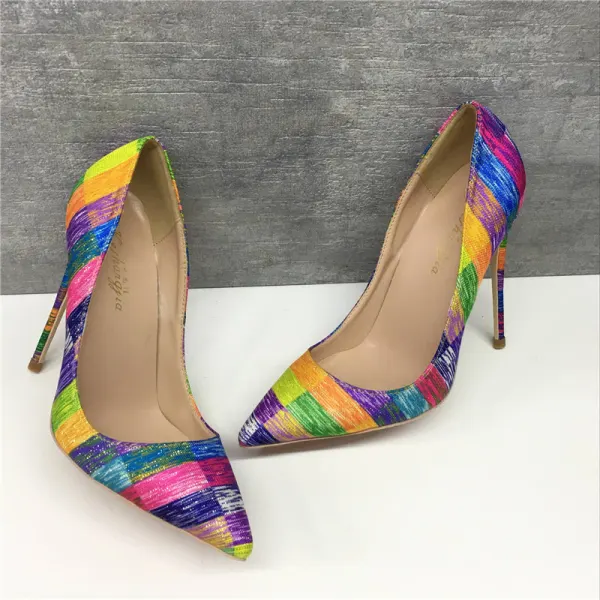 Unique Freizeit Multifarben Farbblock Gekritzel Pumps 2019 Leder 12 cm Stilettos Spitzschuh Pumps