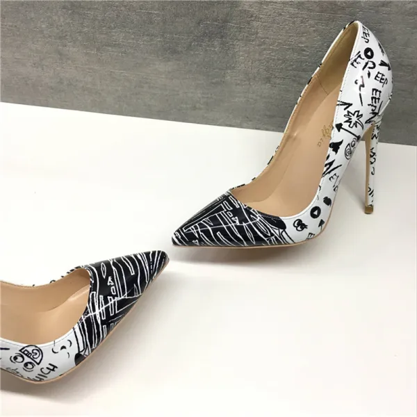 Mote Hvit Svart Doodle Aften Pumps 2019 Lær 12 cm Stiletthæler Spisse Pumps
