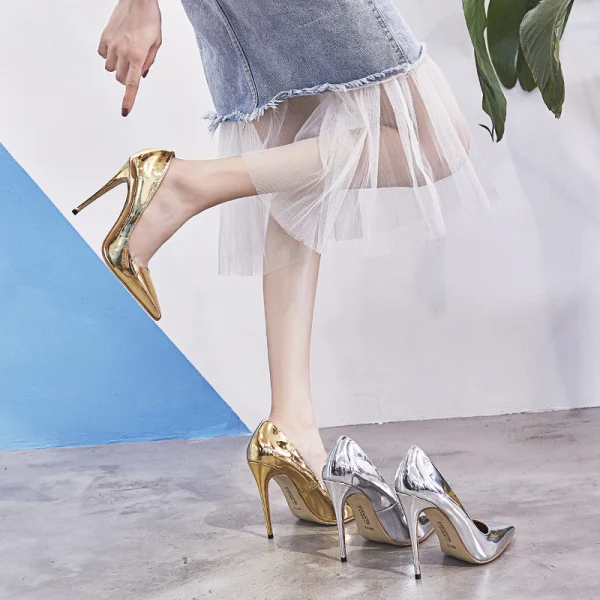 Chic / Beautiful Silver Evening Party Pumps 2019 Patent Leather 11 cm Stiletto Heels Pointed Toe Pumps