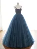 Charming Ocean Blue Prom Dresses 2019 A-Line / Princess Spaghetti Straps Beading Pearl Sequins Sleeveless Backless Floor-Length / Long Formal Dresses