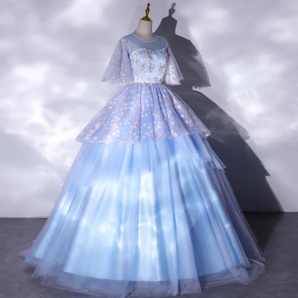 Classy Sky Blue Prom Dresses 2021 Ball Gown Scoop Neck Embroidered Appliques Short Sleeve Floor-Length / Long Formal Dresses